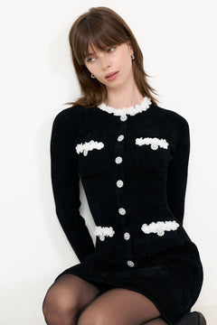 Black Chenille Knit Flower Trim Mini Dress - Black