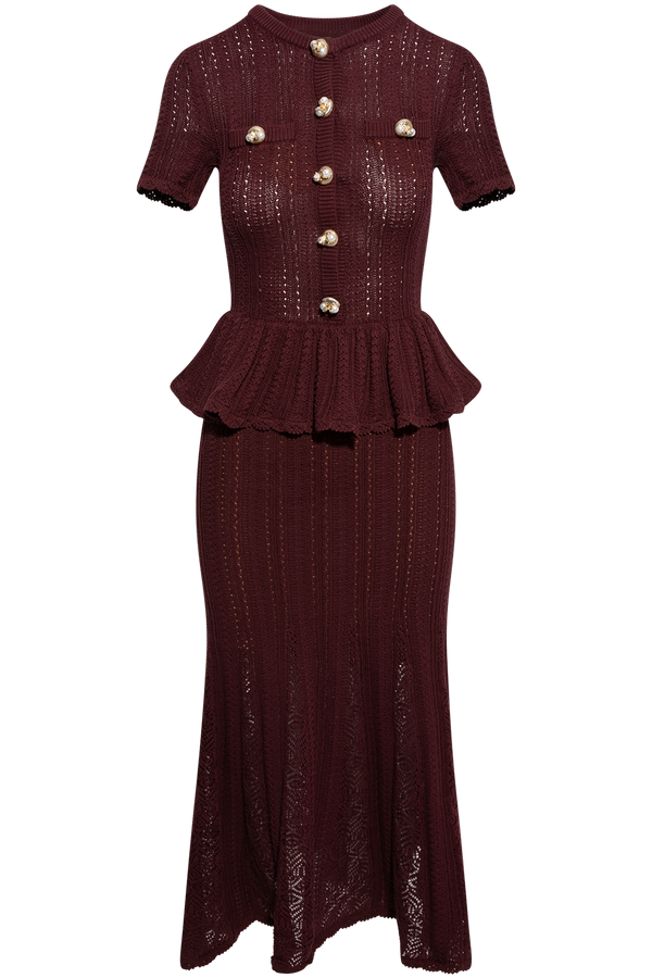 Burgundy Pointelle Peplum Knit Midi Dress - Burgundy