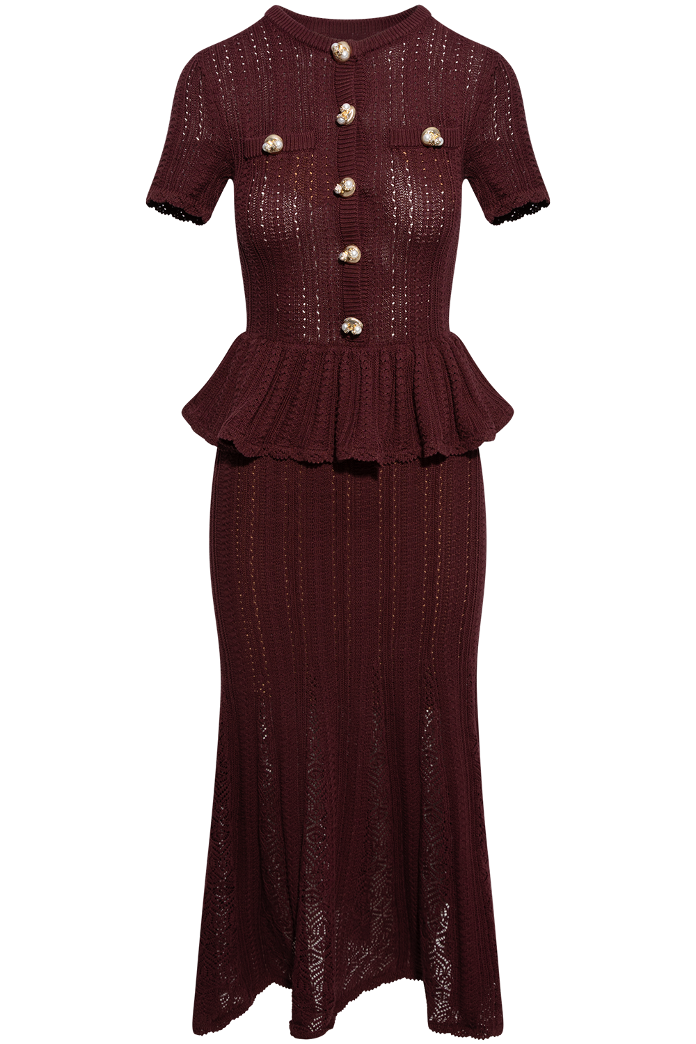 Burgundy Pointelle Peplum Knit Midi Dress - Burgundy