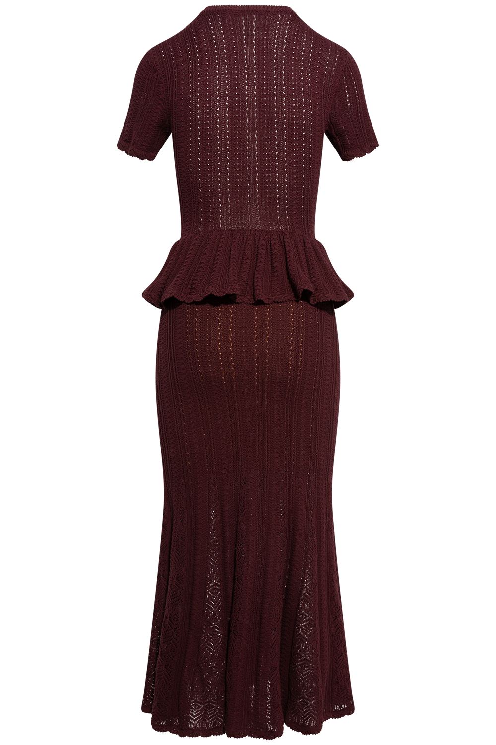 Burgundy Pointelle Peplum Knit Midi Dress - Burgundy