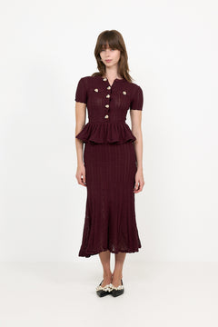 Burgundy Pointelle Peplum Knit Midi Dress - Burgundy