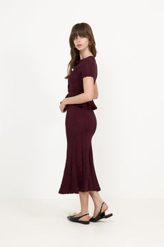 Burgundy Pointelle Peplum Knit Midi Dress - Burgundy