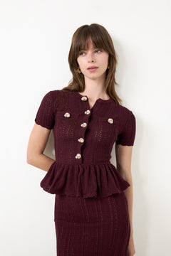 Burgundy Pointelle Peplum Knit Midi Dress - Burgundy