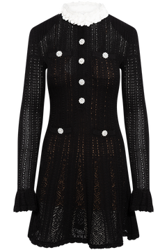Black Flower Trim Knit Mini Dress - Black