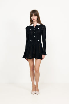 Black Flower Trim Knit Mini Dress - Black