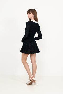 Black Flower Trim Knit Mini Dress - Black