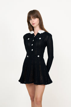 Black Flower Trim Knit Mini Dress - Black