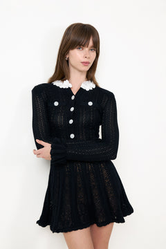 Black Flower Trim Knit Mini Dress - Black