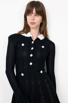 Black Flower Trim Knit Mini Dress - Black