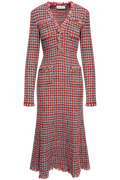 Red Check Frayed Knit Midi Dress - Red