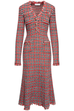 Red Check Frayed Knit Midi Dress - Red