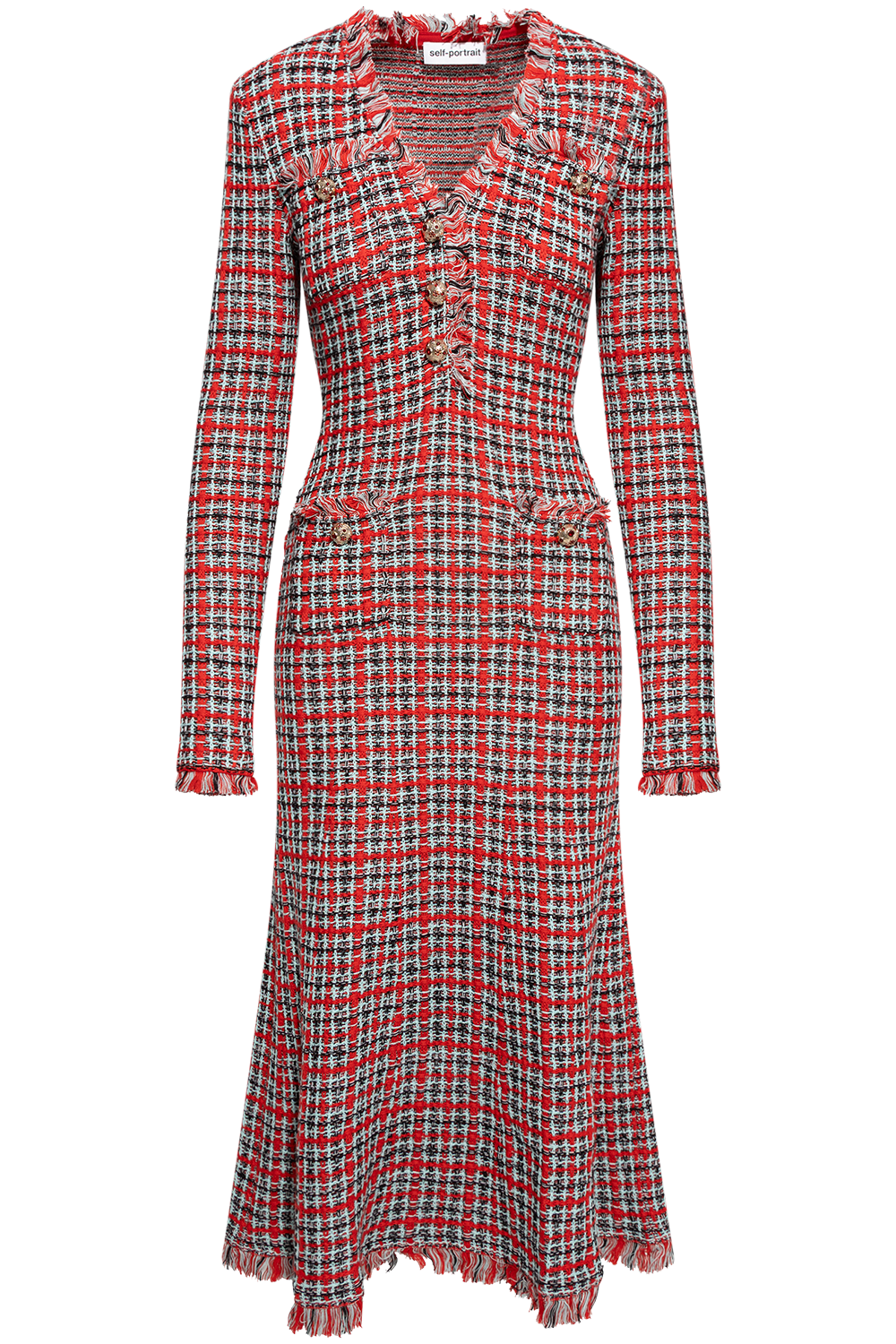 Red Check Frayed Knit Midi Dress - Red