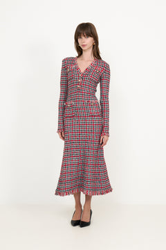 Red Check Frayed Knit Midi Dress - Red