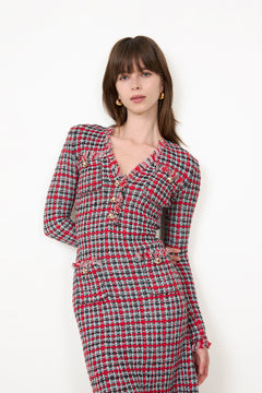 Red Check Frayed Knit Midi Dress - Red