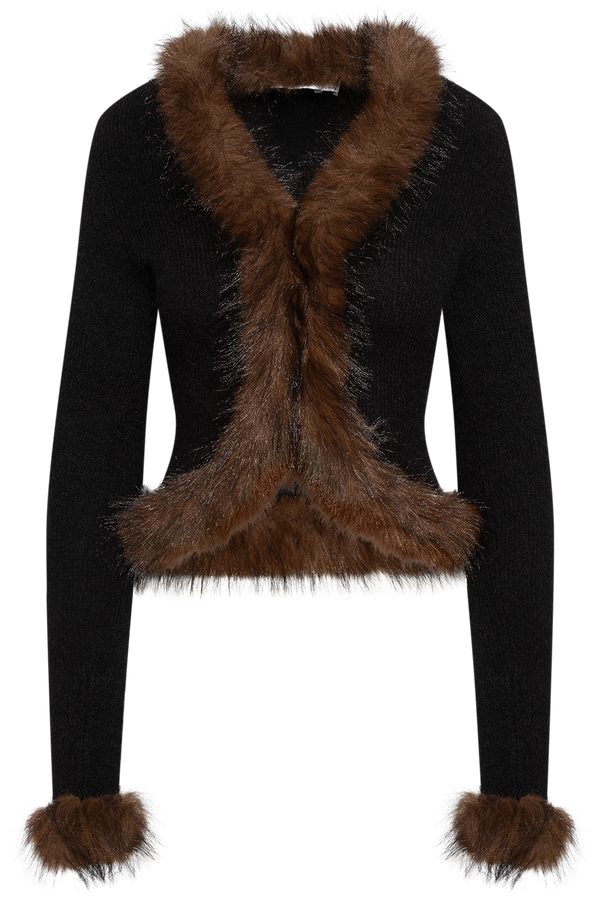 Black Faux Fur Knit Cardigan - Black