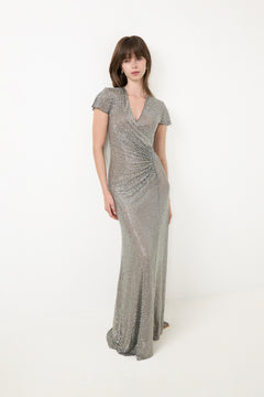 Grey Rhinestone Mesh Wrap Maxi Dress - Grey