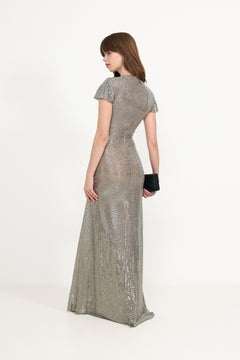 Grey Rhinestone Mesh Wrap Maxi Dress - Grey