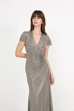 Grey Rhinestone Mesh Wrap Maxi Dress - Grey