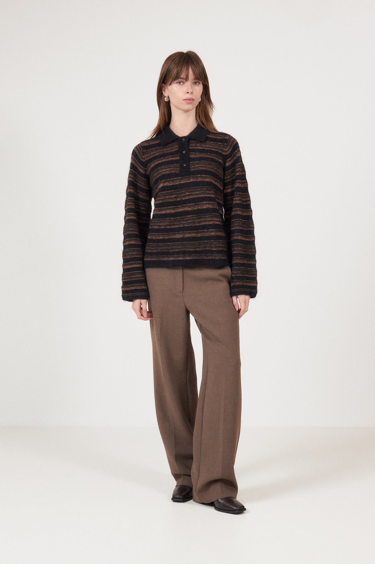 Olivia Wool Polo Sweater - Brown Stripe