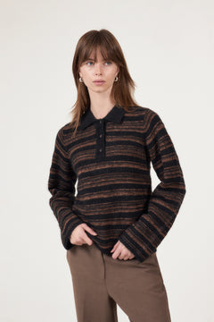 Olivia Wool Polo Sweater - Brown Stripe