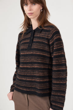 Olivia Wool Polo Sweater - Brown Stripe
