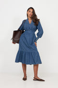 Evina Denim Flower Midi Dress - Blue Floral