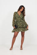Jade Wave Blurry Flower Dress - Green