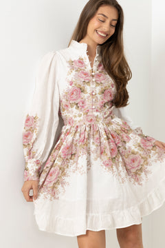 Liv Linen Mini Dress - Off-White / Pink