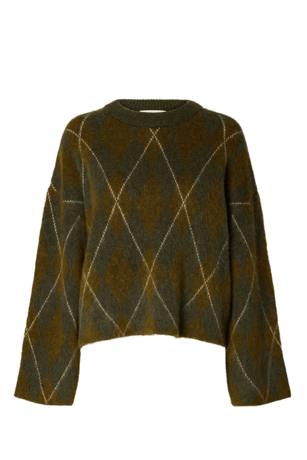 Lulu Brushed Ls Argyle Knit O-Neck - Kalamata