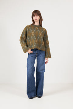 Lulu Brushed Ls Argyle Knit O-Neck - Kalamata