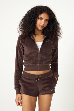Juicy Script Velour Zip Hoodie - Chocolate