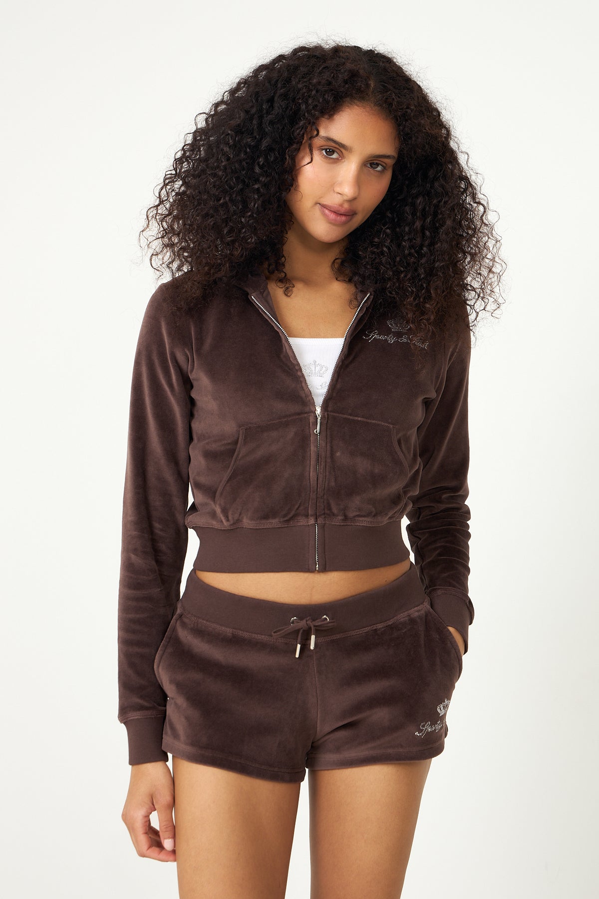Juicy Script Velour Zip Hoodie - Chocolate