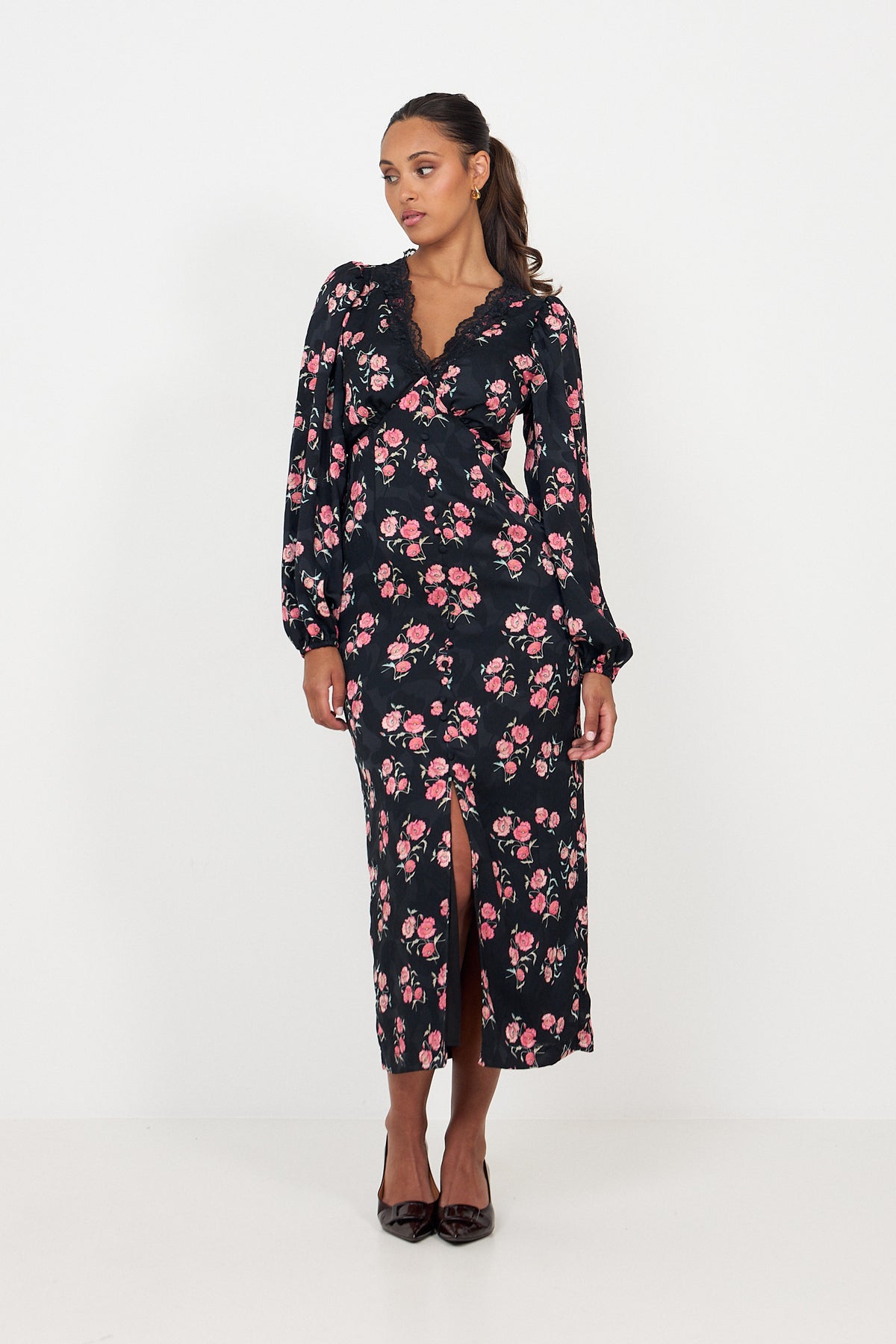 Annicken Floral Midi Dress - Black Floral