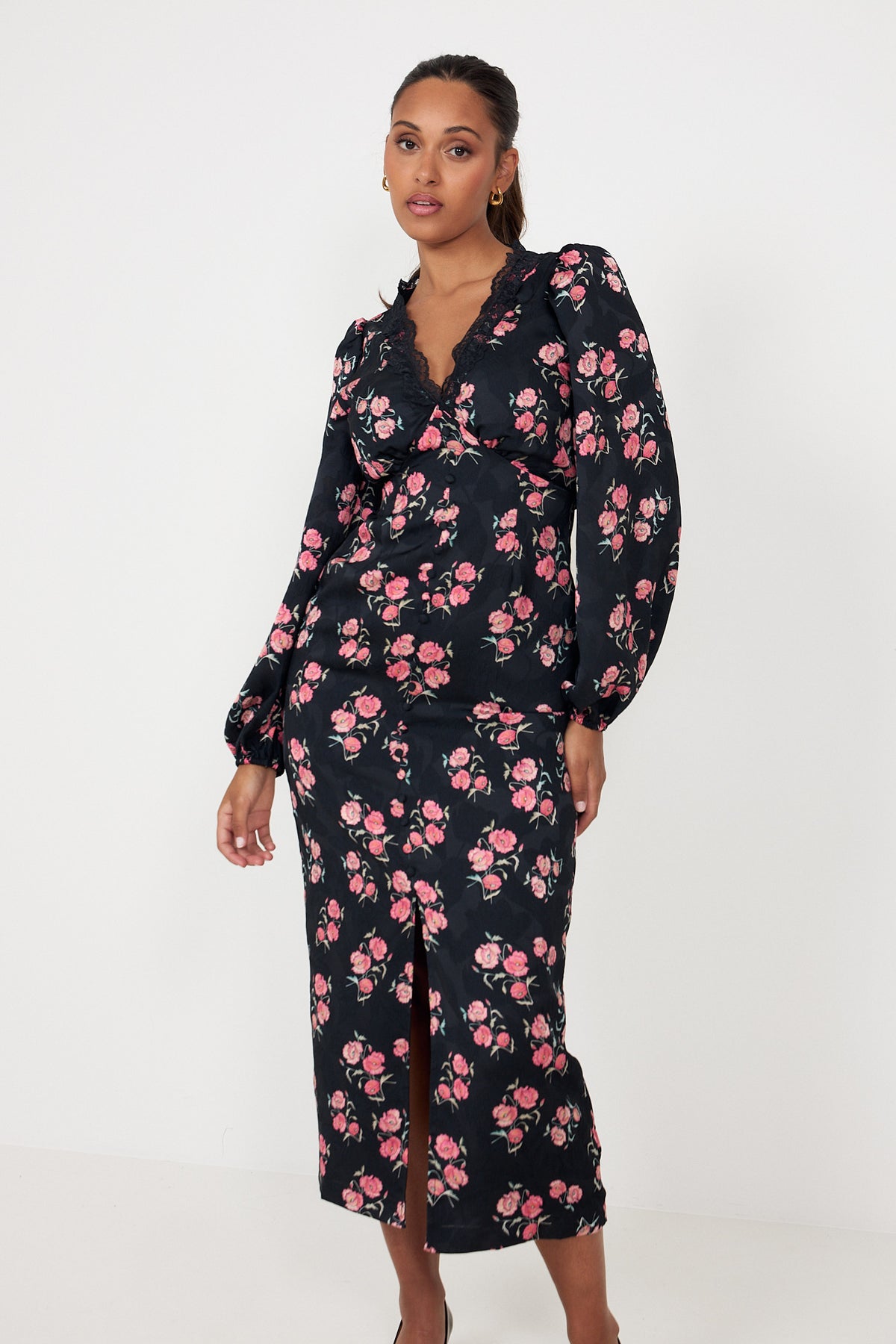 Annicken Floral Midi Dress - Black Floral