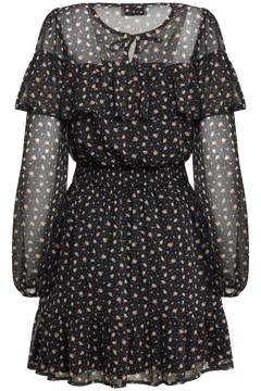 Eyra Chiffon Ruffle Mini Dress - Black Flower