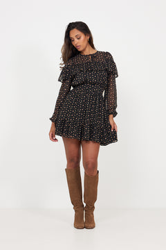 Eyra Chiffon Ruffle Mini Dress - Black Flower