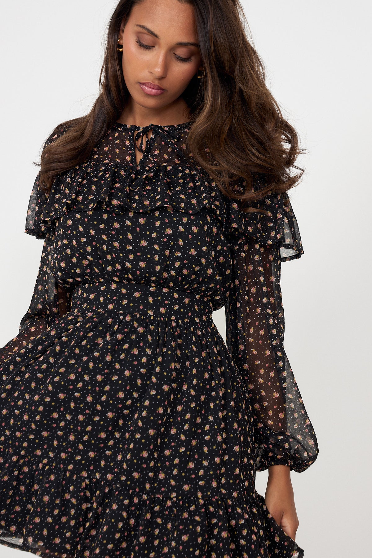 Eyra Chiffon Ruffle Mini Dress - Black Flower