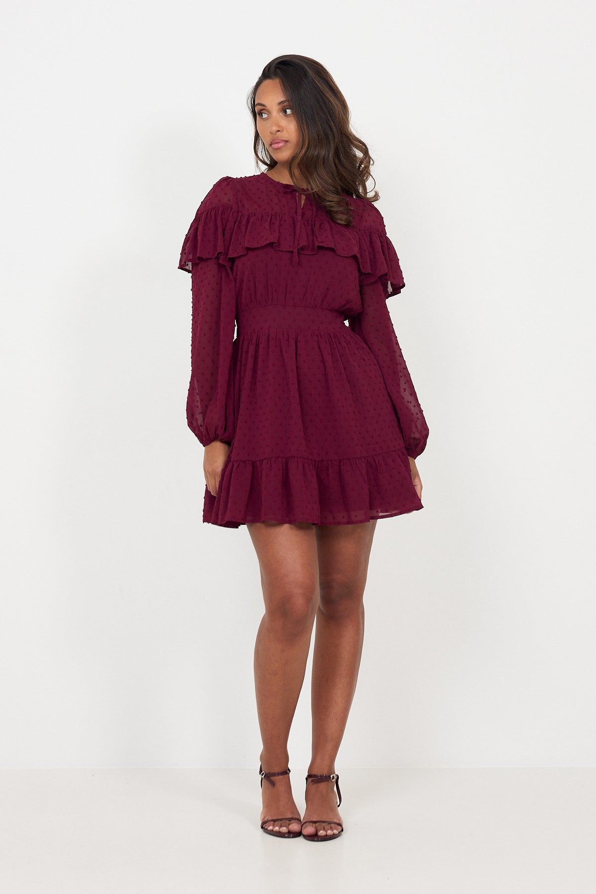 Eyra Ruffle Mini Dress - Bordeaux
