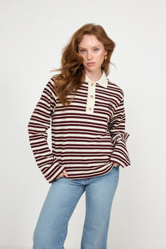 Isabelle Striped Polo Jumper - Burgundy