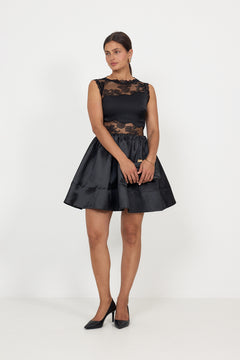 Rosy Lace Trimmed Cut Out Mini Dress - Black