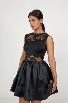 Rosy Lace Trimmed Cut Out Mini Dress - Black