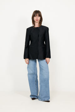 Carol Collarless Wool-Silk Evening Blazer - Black