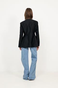 Carol Collarless Wool-Silk Evening Blazer - Black