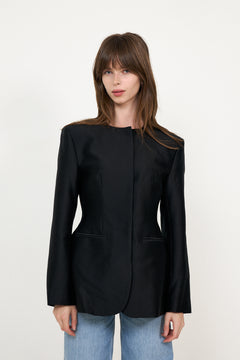 Carol Collarless Wool-Silk Evening Blazer - Black