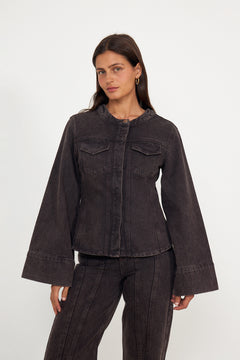 Meja Fitted Wide Sleeve Denim Shirt - Brown Wash