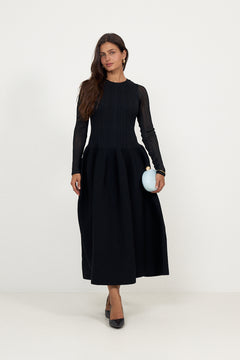 Elona Voluminous Skirt Knitted Midi Dress - Black