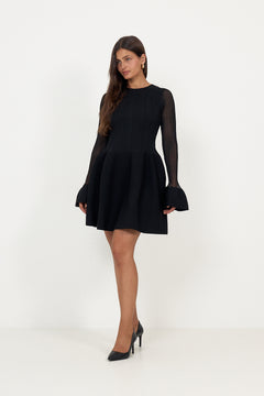 Elona Voluminous Skirt Knitted Mini Dress - Black