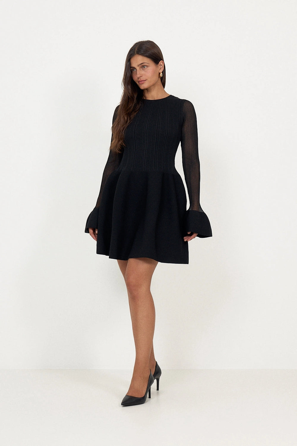Elona Voluminous Skirt Knitted Mini Dress - Black