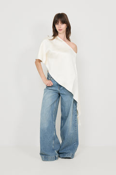 Aria One Shoulder Asymmetric Satin Blouse - Pearl