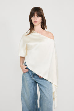 Aria One Shoulder Asymmetric Satin Blouse - Pearl